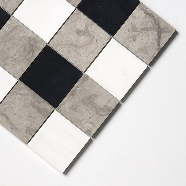 Britannia Light, Snow White, Black Honed 4x4 Marble Mosaic 16x16 - MS01719 - Image 4