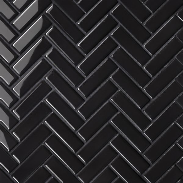 Le Cafe 1  x 3  Herringbone Glossy Porcelain Mosaic Tile in Black - 100002414