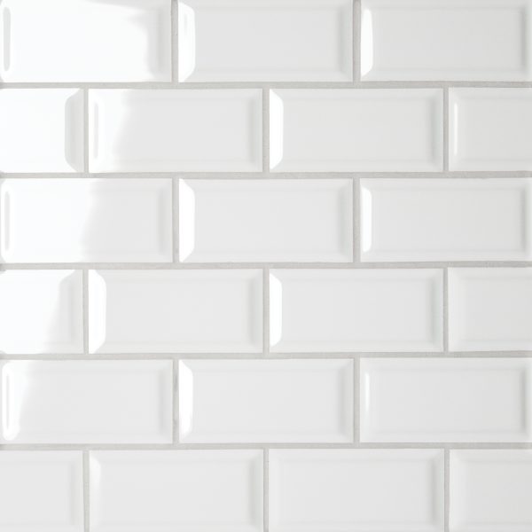 Le Cafe 2  x 4  Bevel Off Set Mesh Mount Glossy Porcelain Mosaic Tile in White - 100002429