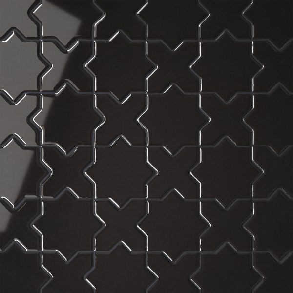 Le Cafe 2  x 2  Cross & Star Glossy Porcelain Mosaic Tile in Black - 100003616