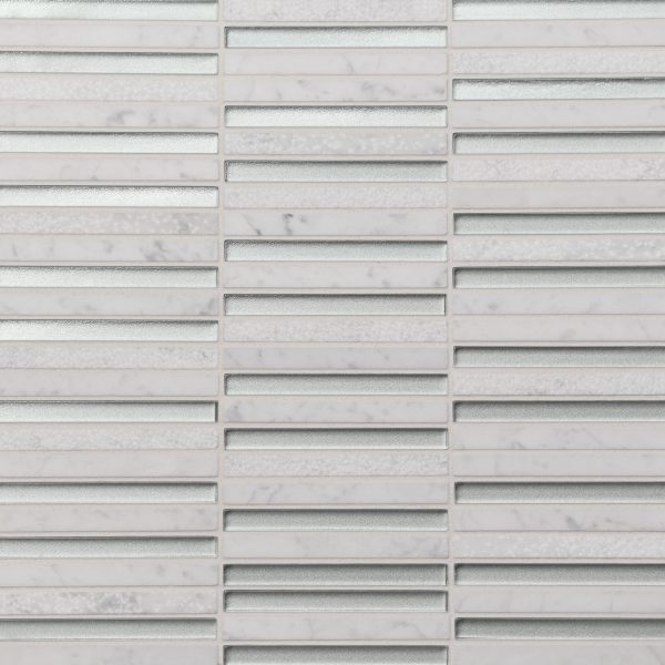 Kaikos 3/8  x 4  Stacked Glass and Stone Mosaic in Silver and White Carrara - 100004073