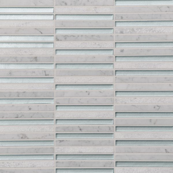 Kaikos 3/8  x 4  Stacked Glass and Stone Mosaic in Blue and White Carrara - 100004075