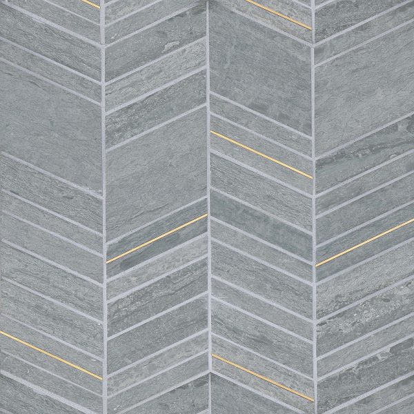 Ferrara Honed Chevron Marble Mosaic Tile with Brass in Argento - DECFERARGCHEMOH