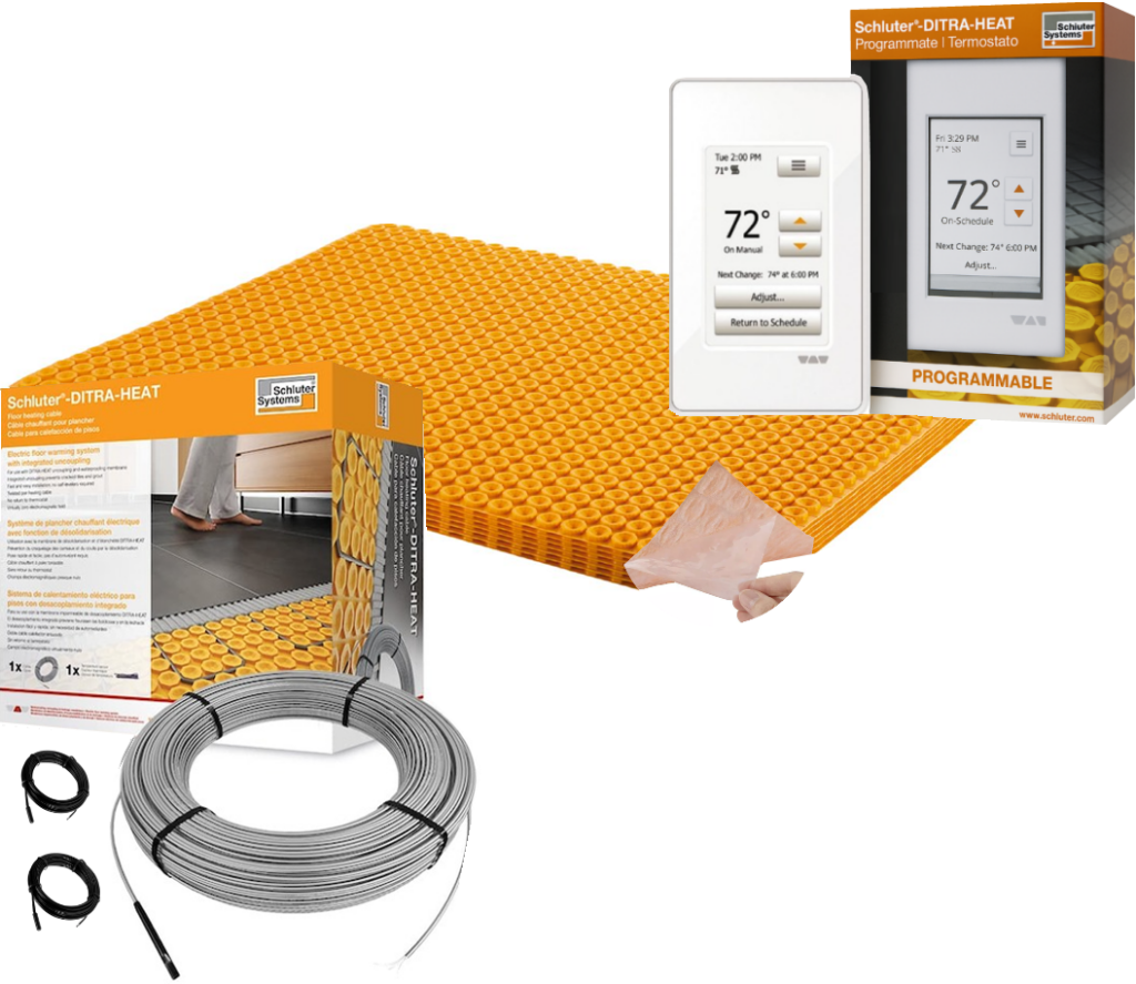 All in One Floor Heating Kit with 16 sq ft Cable, 25 sq ft PEEL & STICK Membrane, Touchscreen Programmable Thermostat (240V)