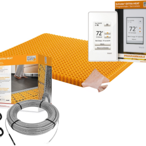 All in One Floor Heating Kit with 16 sq ft Cable, 25 sq ft PEEL & STICK Membrane, Touchscreen Programmable Thermostat (240V)