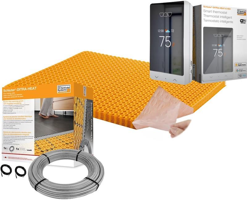 All in One Floor Heating Kit with 21 sq ft Cable, 34 sq ft PEEL & STICK Membrane, Touchscreen Programmable Thermostat (240V)