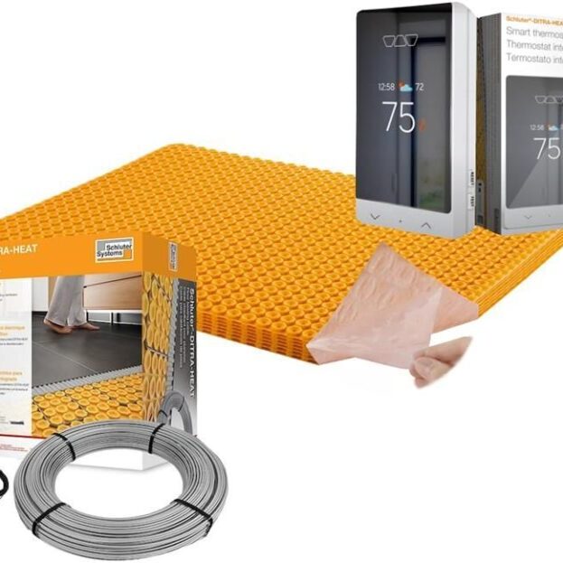 All in One Floor Heating Kit with 21 sq ft Cable, 34 sq ft PEEL & STICK Membrane, Touchscreen Programmable Thermostat (240V)